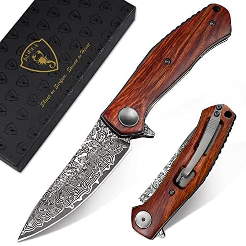 AUBEY Damascus Pocket Knife with Clip, Ball Bearing Blade, Wooden Handle (EDC) — A-Wood handle