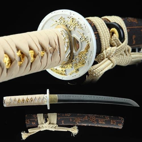 Handmade Full Tang Clay Tempered T10 Steel Japanese Katana (Wakizashi) Real Hamon Samurai Sword (Brown & White)