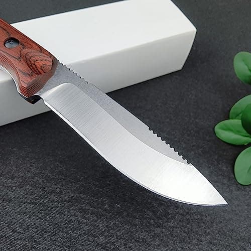 EDC Full Tang 440C Stainless Steel Knife, Wood Handle, Camping & Hunting (165g)