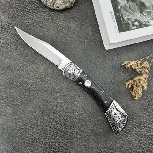 HUAAO 8.6 Folding Pocket Knife with D2 Steel Blade and Micarta Handle - Perfect Gift for Men (Black)