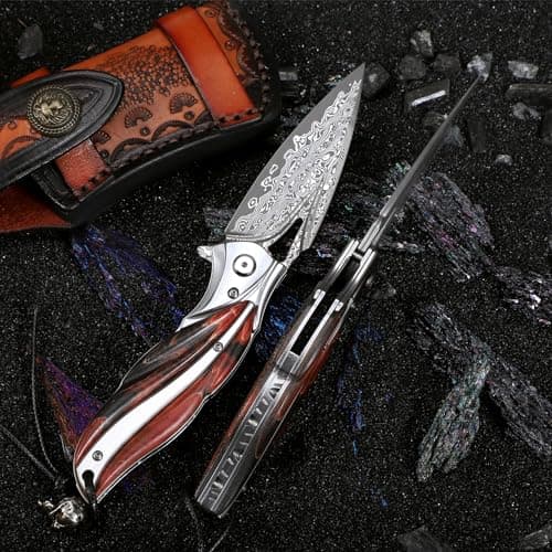 High-Quality Japanese VG10 Damascus Steel Folding Knife with Leather Case and Liner Lock