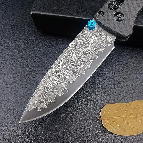 Axis Lock Damascus Steel Pocket Knife, 3.15", Black Carbon Fiber Handle (EDC)
