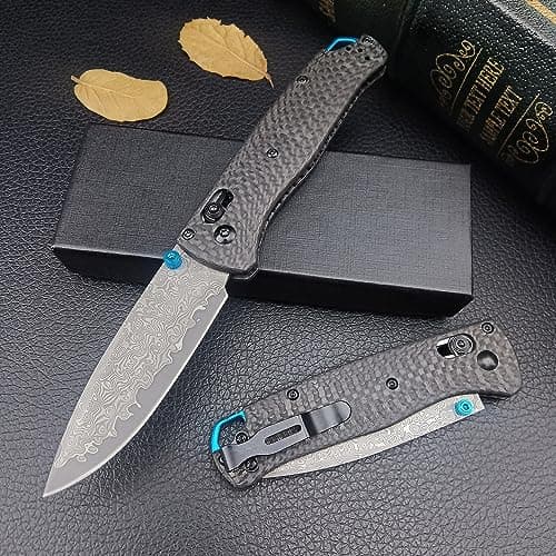 Axis Lock Damascus Steel Pocket Knife, 3.15", Black Carbon Fiber Handle (EDC)