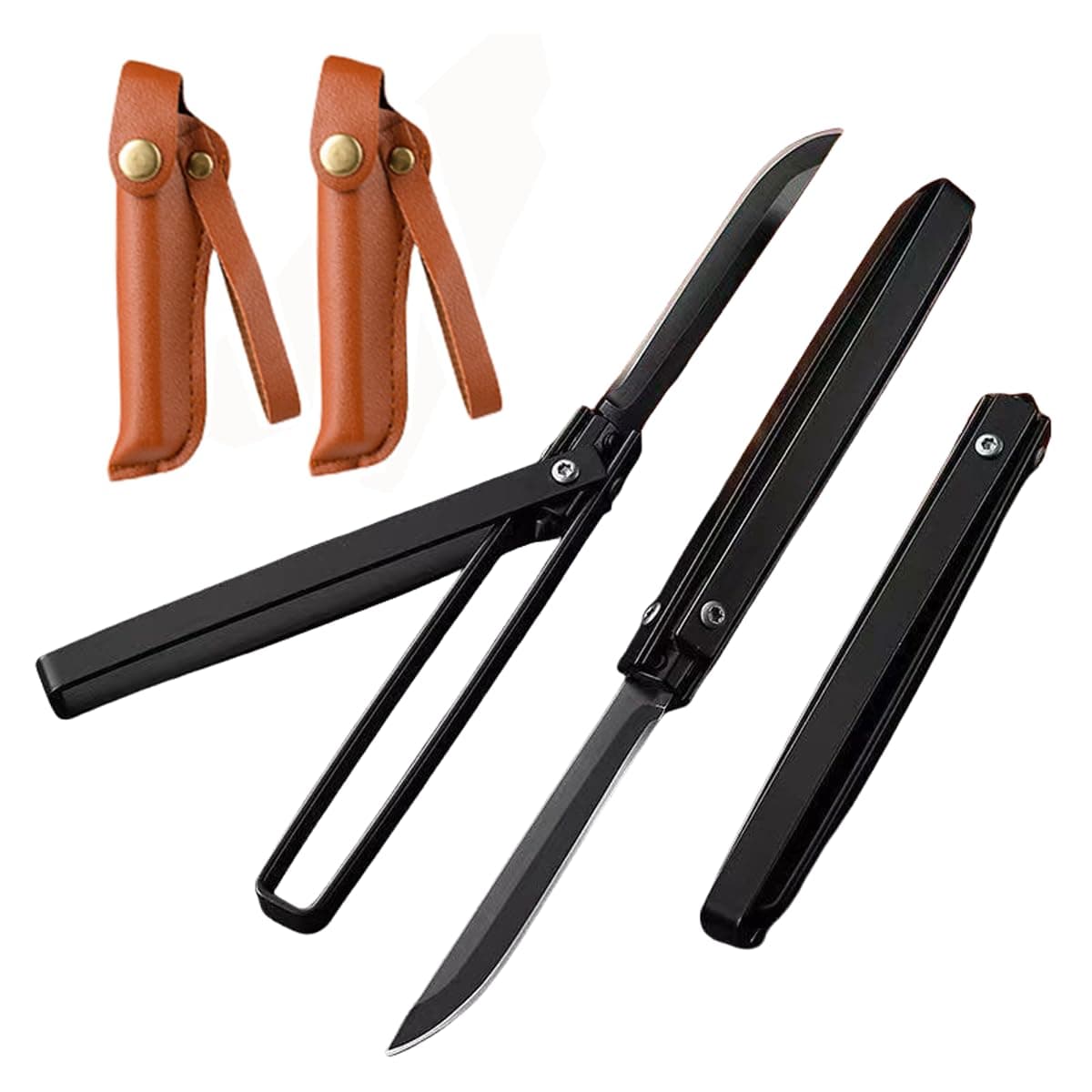 Slim Pocket Knife Set for Men - 3" Foldable, Glass Breaker, Leather Case, Camping & More - Black