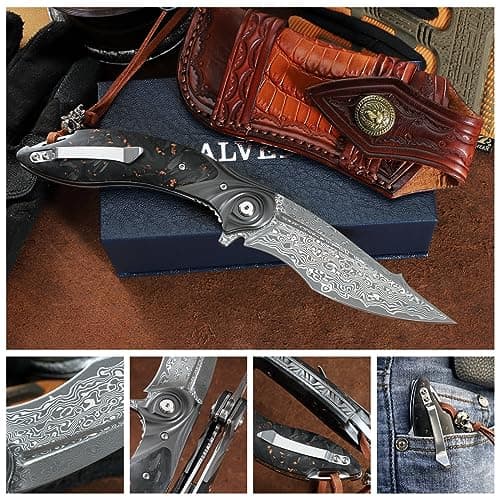 Japanese Damascus Steel Pocket Knife，Carbon Fiber Handle，EDCOutdoor Survival Gift