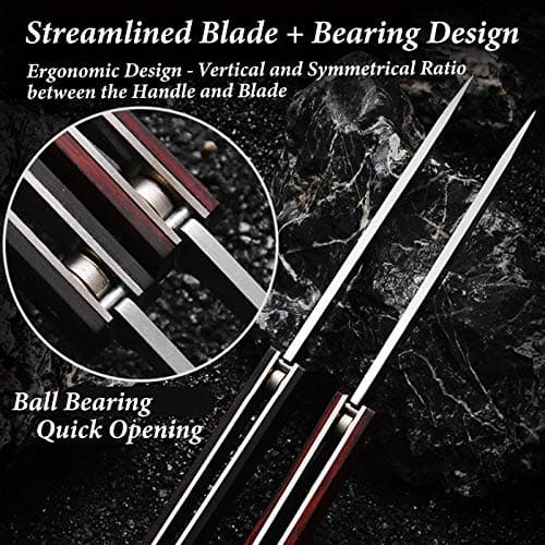 Double Action Pocket Knife with Damascus Pattern D2 Stainless Blade, Wood Handle, Leather Sheath
