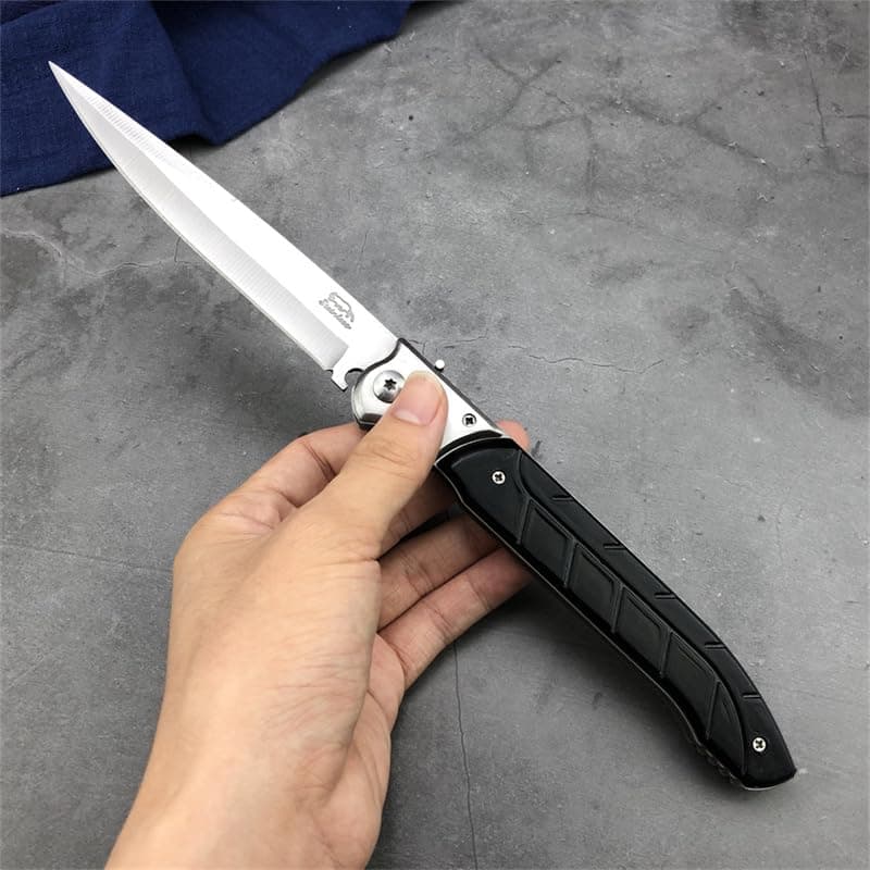 12 Large Push Button Lock Pocket Knife EDC for Camping, Hunting, Hiking (Black)