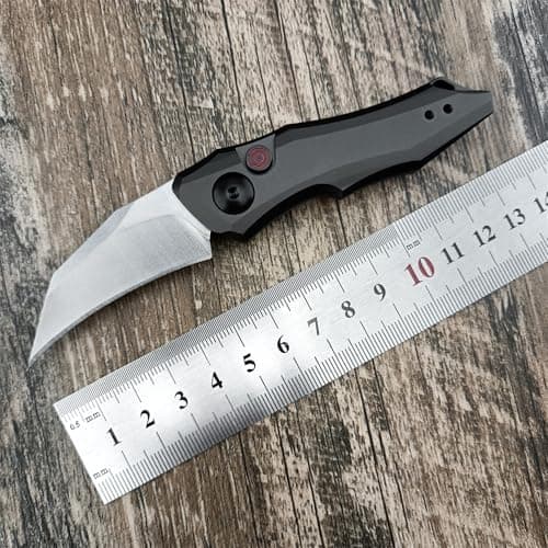 HUAAO Spring-Assisted Push Button Knife, 8Cr13Mov Hawkbill Blade, Gray Aluminum Handle