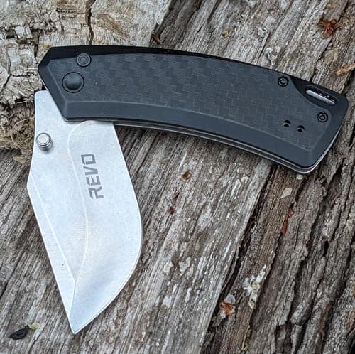 REVO Canyon Pocket Knife, 3" Steel Button Lock, Stainless & FRN, Versatile EDC (Black)