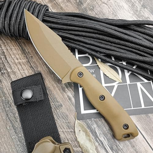 HUAAO D2 Steel Harpoon Knife, 9.1 Inch Fixed Blade for Camping, Hunting, Survival (Tan)