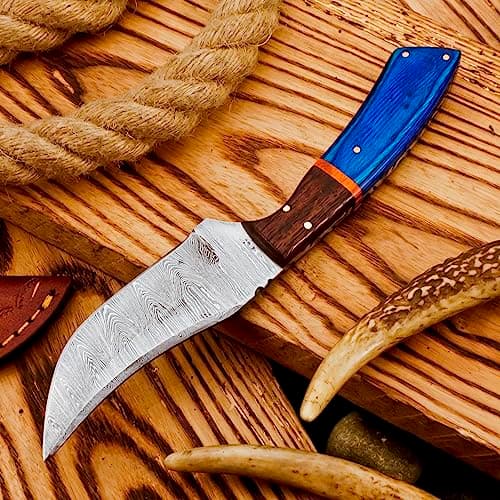 Predator Hunter 9" Damascus Steel Fixed Blade Skinning Knife (Exotic Wood Handle) — 9" Blue Knife