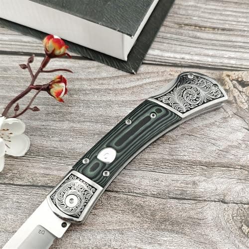 Mikata Handle Push Button Lock Knife, 8.6", D2 Steel, Survival Tool, Gift Leather Sheath