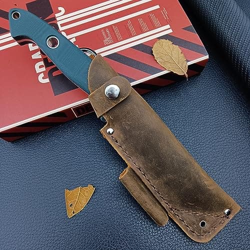 Outdoor Bushcraft Knife with Leather Sheath, Full Tang Blade and Green G10 Handle