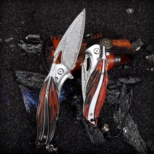 High-Quality Japanese VG10 Damascus Steel Folding Knife with Leather Case and Liner Lock