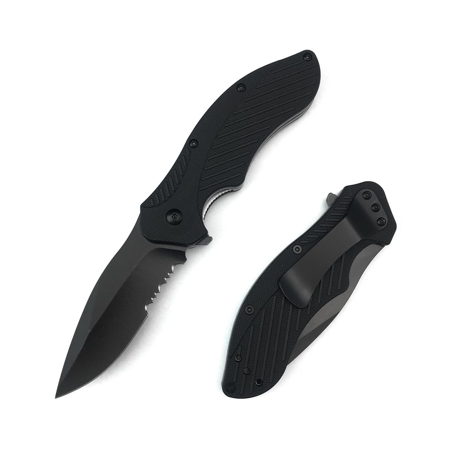 Black Serrated 3" 8Cr13MoV Knife, Glass-Filled Nylon Handle, Liner Lock, Flipper OC