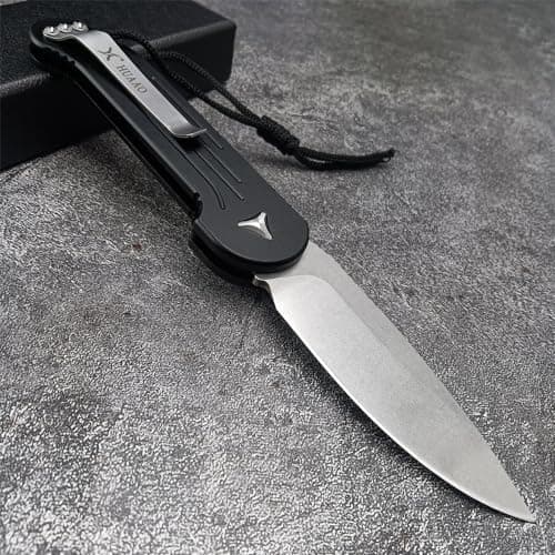 HUAAO 8" Assisted Opening Knife, Button Lock, Stonewashed Blade, Aviation Aluminum Handles, Clip for Everyday Carry & Ou
