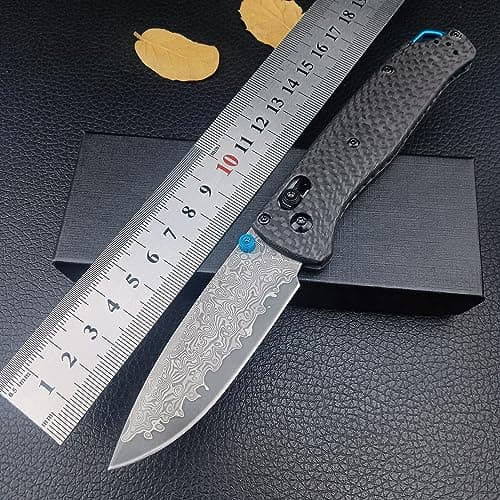 Axis Lock Damascus Steel Pocket Knife, 3.15", Black Carbon Fiber Handle (EDC)