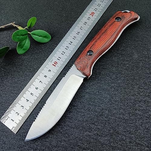 EDC Full Tang 440C Stainless Steel Knife, Wood Handle, Camping & Hunting (165g)