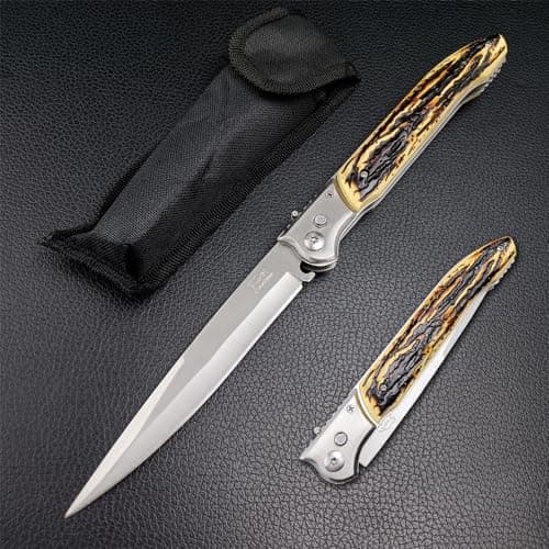 EDC 12" Pocket Knife with Slide Lock, Stainless Steel Blade, Wood Handle, Camping and Hunting