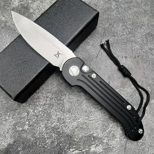 HUAAO 8" Assisted Opening Knife, Button Lock, Stonewashed Blade, Aviation Aluminum Handles, Clip for Everyday Carry & Ou
