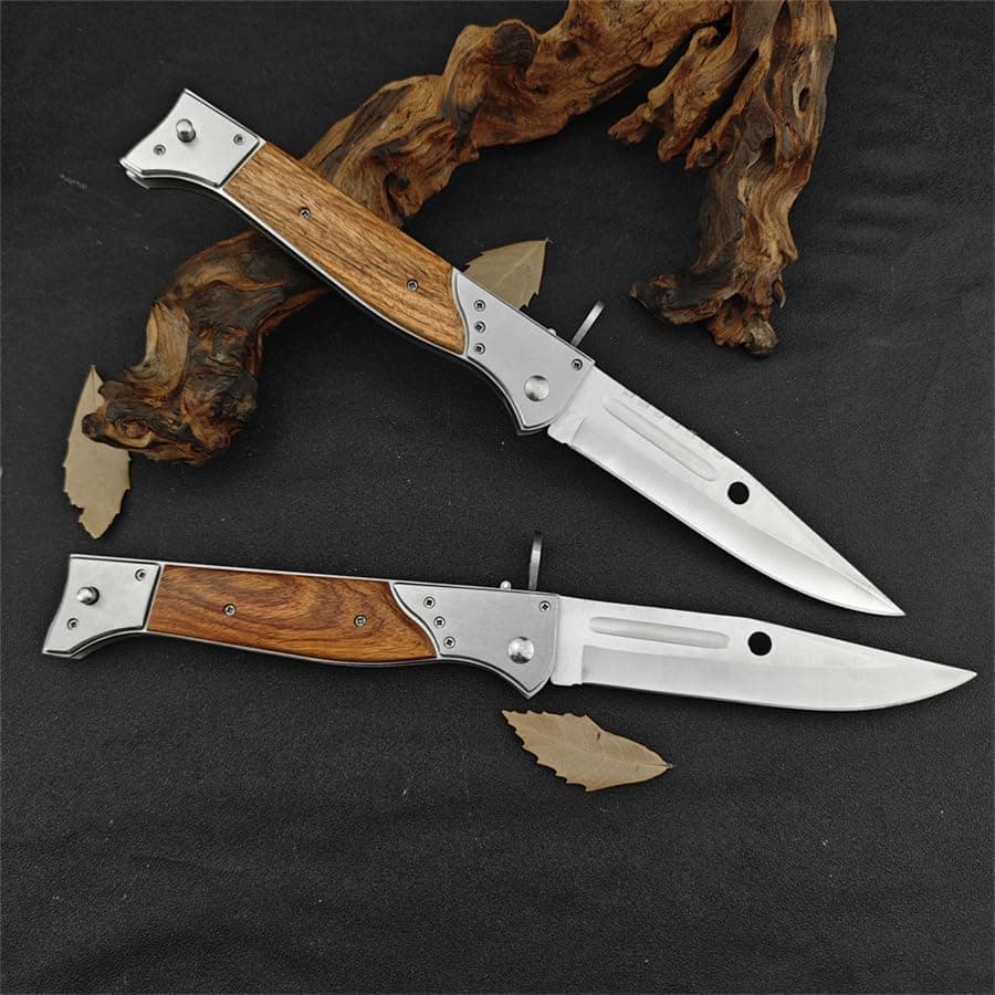 Goshawk AK47 13" Large Button Lock Tactical Knife，440C Steel，Wood Handle，EDC Gift for Men