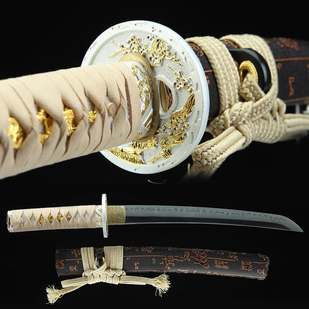 Handmade Full Tang Clay Tempered T10 Steel Japanese Katana (Wakizashi) Real Hamon Samurai Sword (Brown & White)