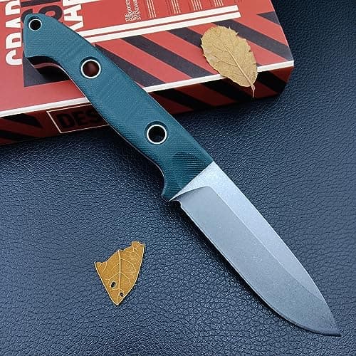 Outdoor Bushcraft Knife with Leather Sheath, Full Tang Blade and Green G10 Handle