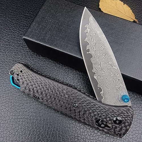 Axis Lock Damascus Steel Pocket Knife, 3.15", Black Carbon Fiber Handle (EDC)