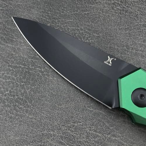 EDC Folding Knife for Men, Button Lock, 3.35in 9Cr18MoV Steel, Green Aluminum Handle, Sharp Camping Knife (Green)