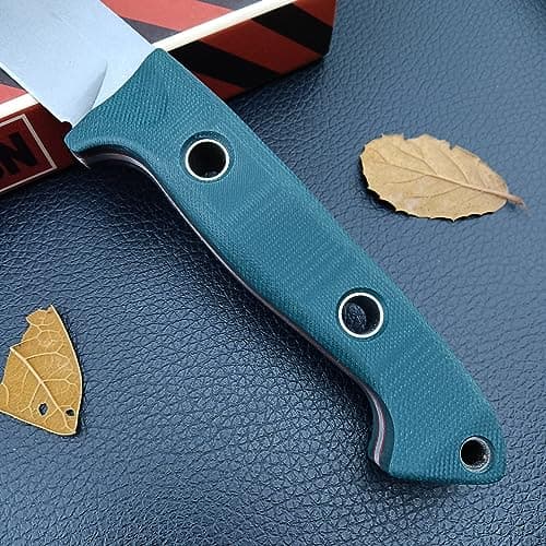 Outdoor Bushcraft Knife with Leather Sheath, Full Tang Blade and Green G10 Handle