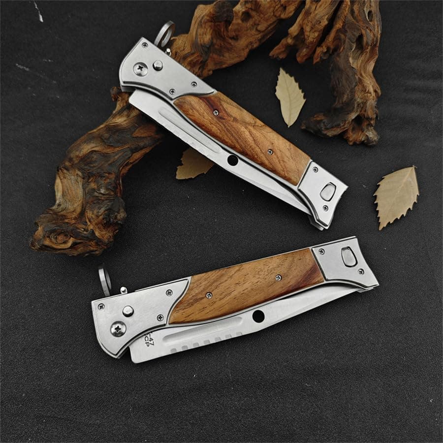 Goshawk AK47 13" Large Button Lock Tactical Knife，440C Steel，Wood Handle，EDC Gift for Men
