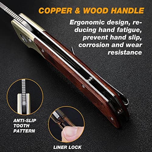 FLISSA Pocket Knife, D2 Steel Blade, Ball Bearing, Copper & Wood Handle, Liner Lock, EDC Perfect
