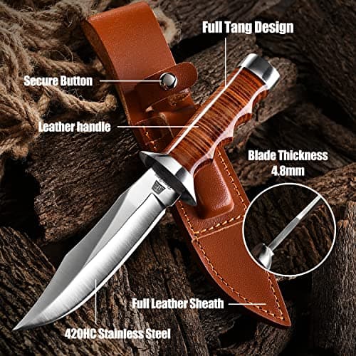 5.8 Inch Fixed Blade Hunting Knife with Leather Sheath Genuine Leather Handle for Camping & Hiking