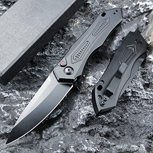 EDC Folding Knife for Men, Button Lock, 3.35in 9Cr18MoV Steel, Green Aluminum Handle, Sharp Camping Knife (Green) — Black