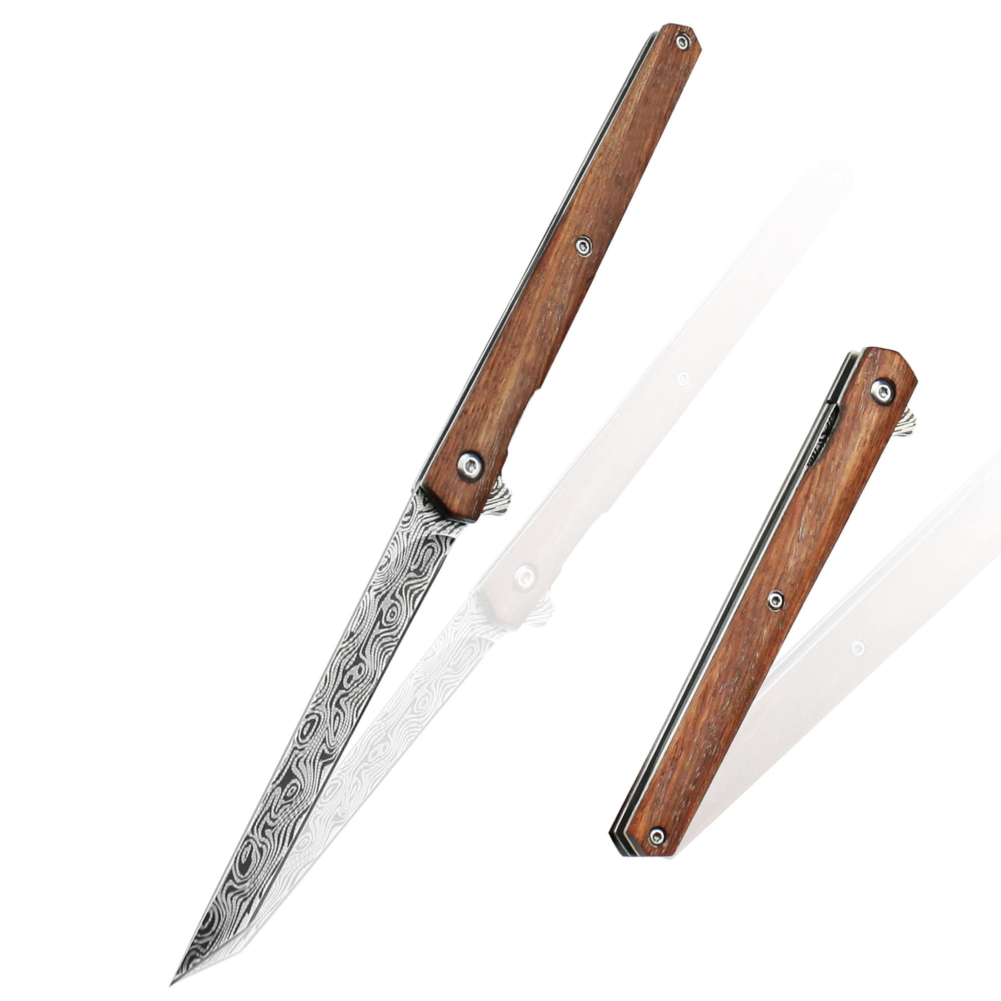 Double Action Pocket Knife with Damascus Pattern D2 Stainless Blade, Wood Handle, Leather Sheath