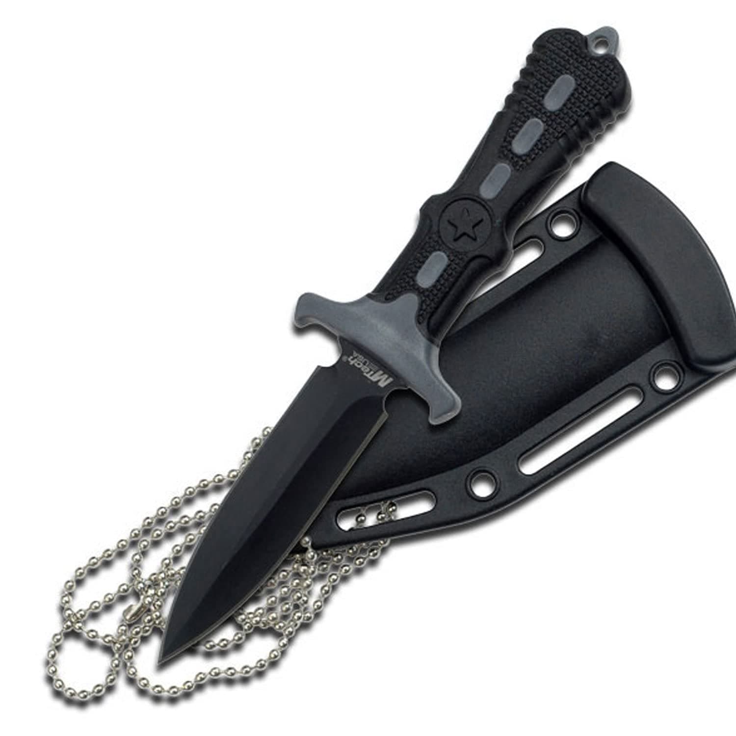 MTECH USA Black Neck Knife - Black Blade, Grey Handle, Nylon Sheath & Chain - Hunting, Camping, Survival, Tactical - MT-