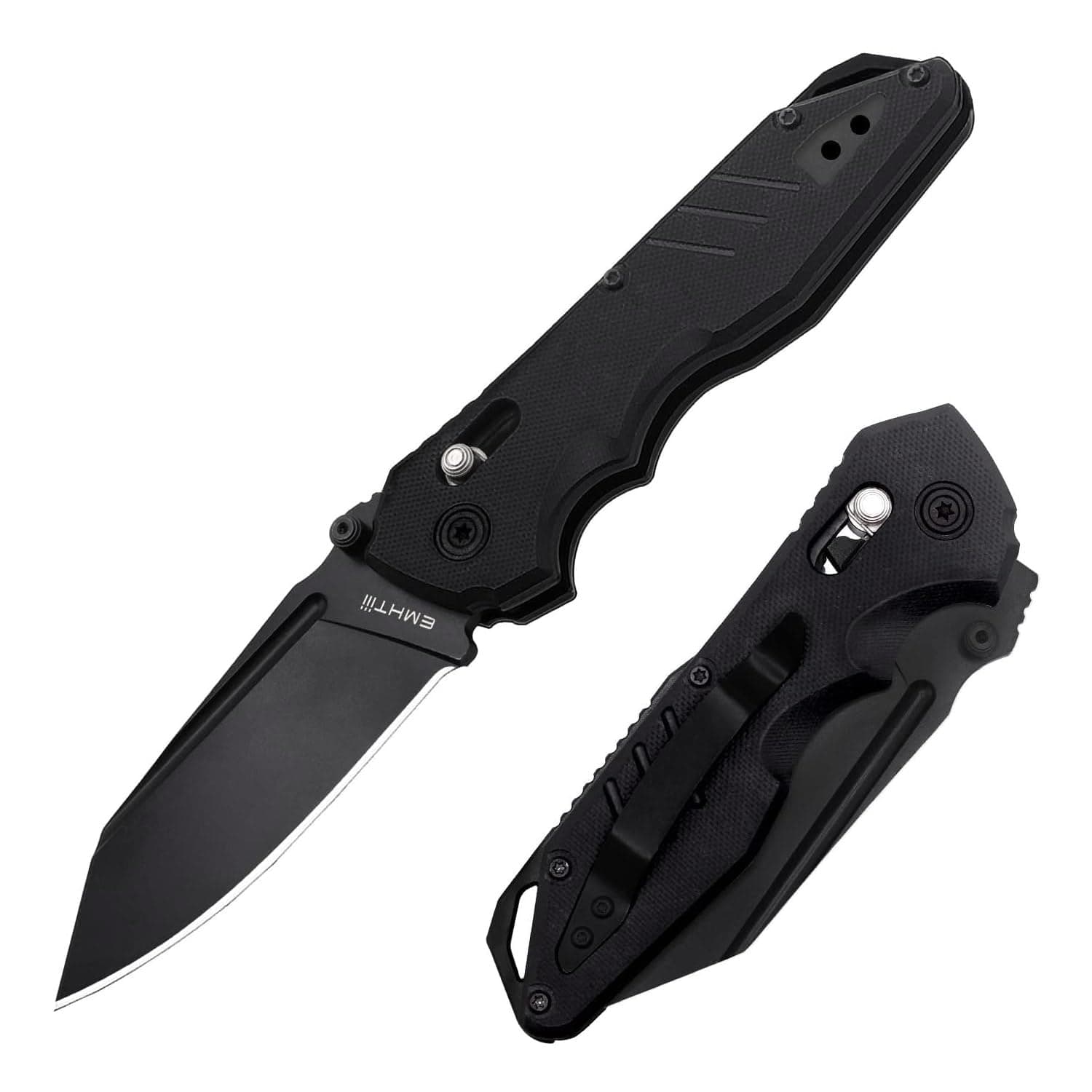 All-Black Stainless Steel Pocket Knife EMH01N for Men, Ideal for Outdoor, Camping, and Hiking