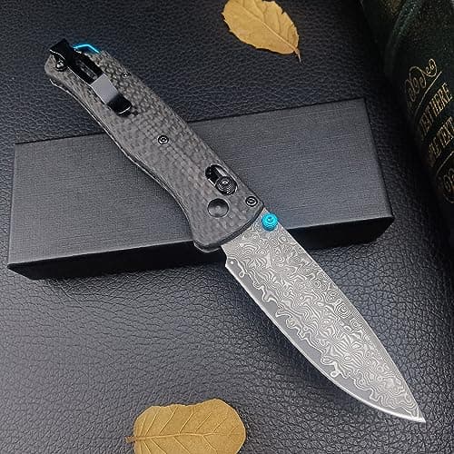 Axis Lock Damascus Steel Pocket Knife, 3.15", Black Carbon Fiber Handle (EDC)
