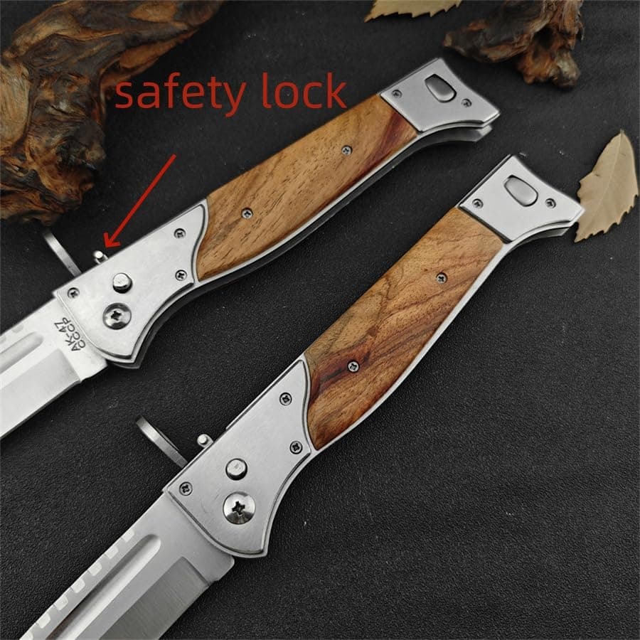 Goshawk AK47 13" Large Button Lock Tactical Knife，440C Steel，Wood Handle，EDC Gift for Men