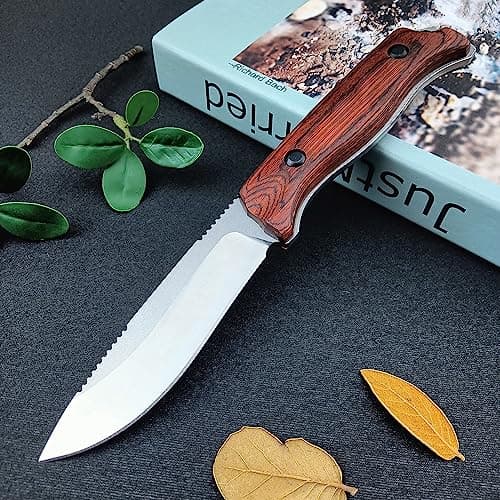 EDC Full Tang 440C Stainless Steel Knife, Wood Handle, Camping & Hunting (165g)