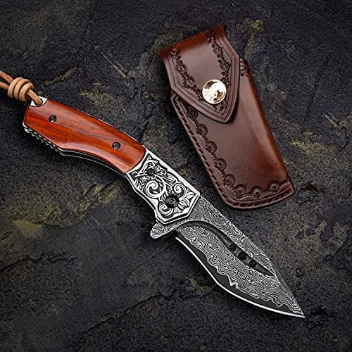 Japanese handmade Damascus steel folding knife with rosewood handle, 3.1in tanto blade, leather sheath, EDC for men, cam