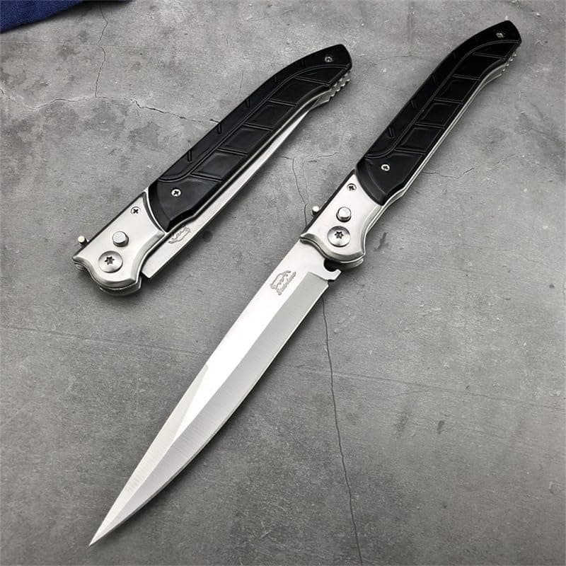 12 Large Push Button Lock Pocket Knife EDC for Camping, Hunting, Hiking (Black)