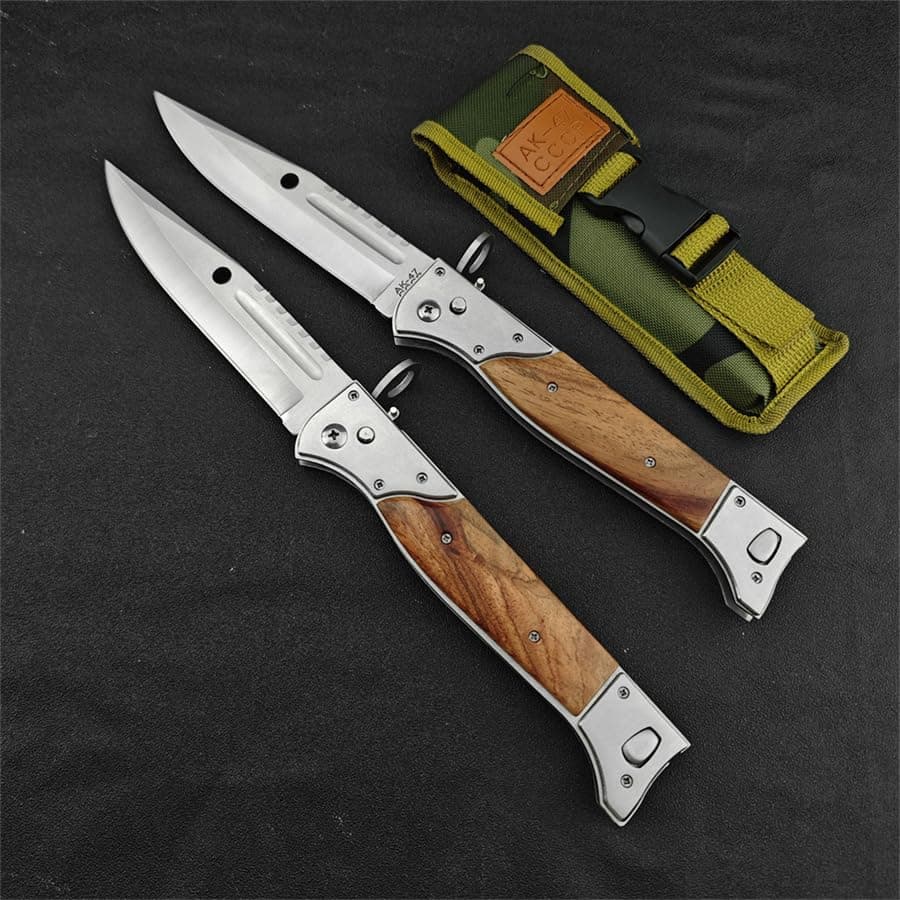 Goshawk AK47 13" Large Button Lock Tactical Knife，440C Steel，Wood Handle，EDC Gift for Men