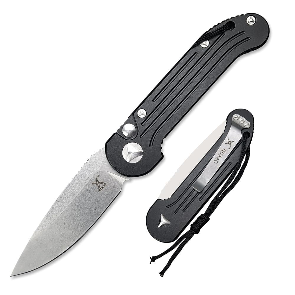 HUAAO 8" Assisted Opening Knife, Button Lock, Stonewashed Blade, Aviation Aluminum Handles, Clip for Everyday Carry & Ou