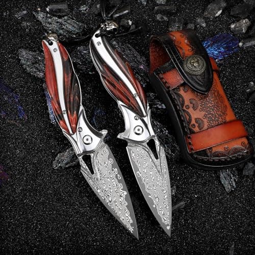 High-Quality Japanese VG10 Damascus Steel Folding Knife with Leather Case and Liner Lock