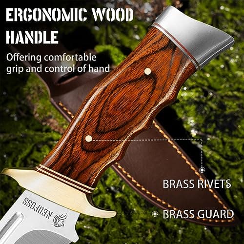 NedFoss SA78 Hunting Knife, 7" Fixed Blade, 440C StainlessSteel, Leather Sheath, Gifts for Men & Women