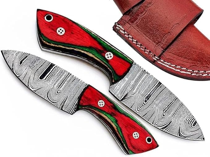 Predator Hunter 9" Damascus Steel Fixed Blade Skinning Knife (Exotic Wood Handle) — Small Red Green Knife
