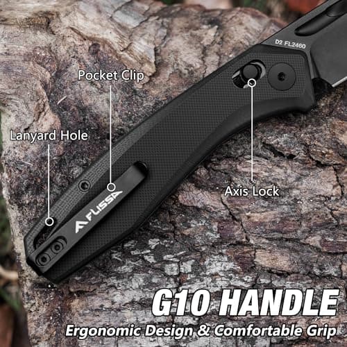 FLISSA EDC Knife with Axis Lock, 3.5" D2 Steel, G10 Handle, Black