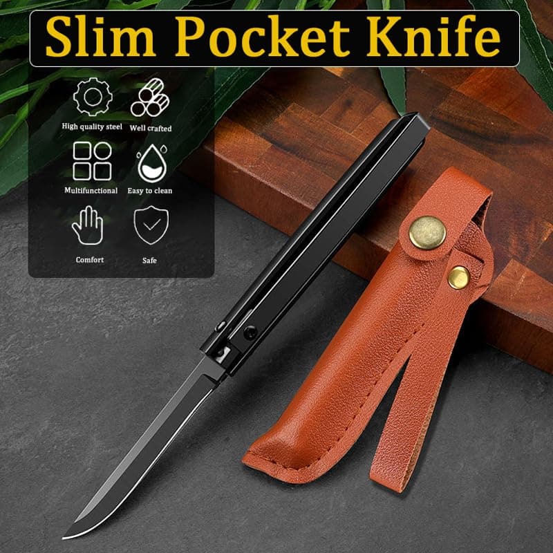 Slim Pocket Knife Set for Men - 3" Foldable, Glass Breaker, Leather Case, Camping & More - Black