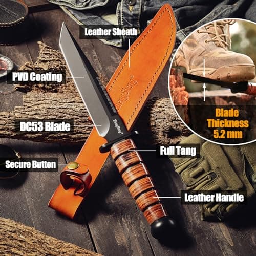 DC53 Steel Black Titanium PVD Coating 8.0" Fixed Blade Hunting Knife with Leather Sheath, Ergonomic Handle